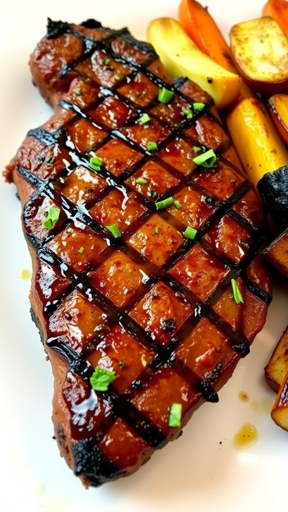 Grilled steak with marinade, served with roasted vegetables on a white plate.